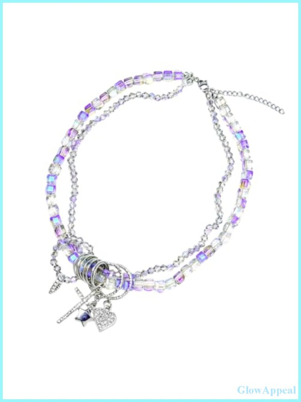 Double Layered Crystal Bead Necklace Cross Heart Pendant Women's Jewelry